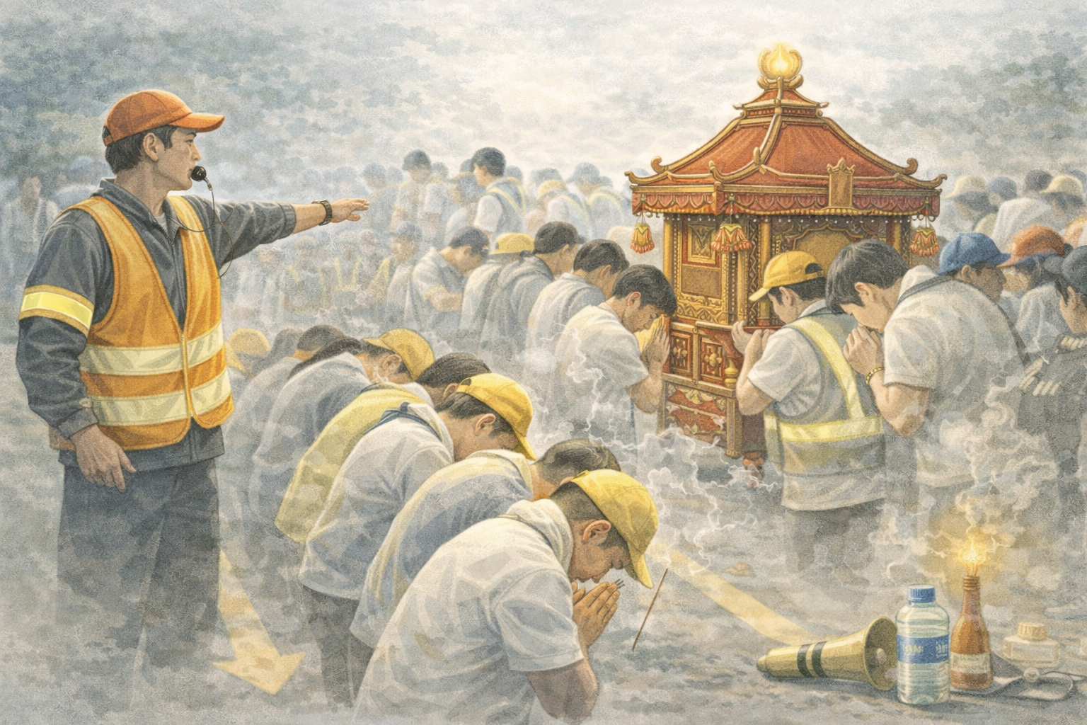 行走禮儀示意圖：配合引導、避免推擠、尊重神轎與動線